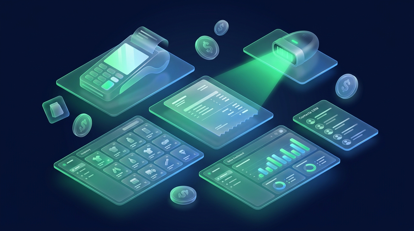 Isometric glass illustration of POS, invoices, and inventory panels