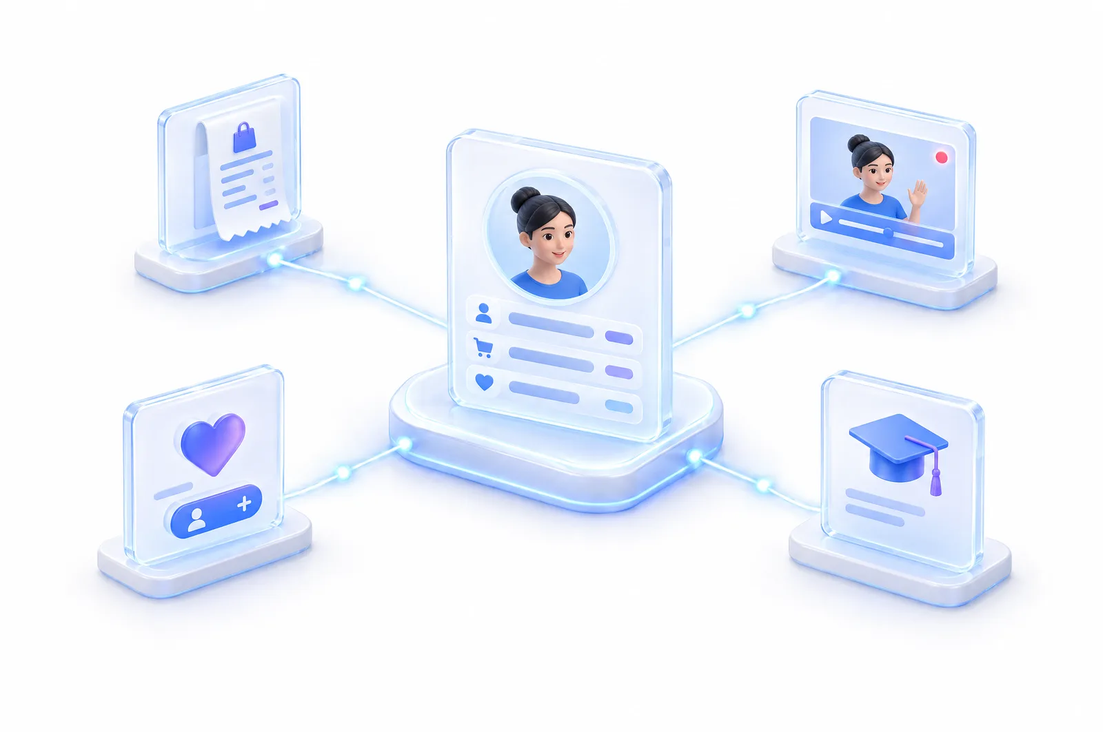 One customer profile connected to a receipt, a live video, a follow and a course