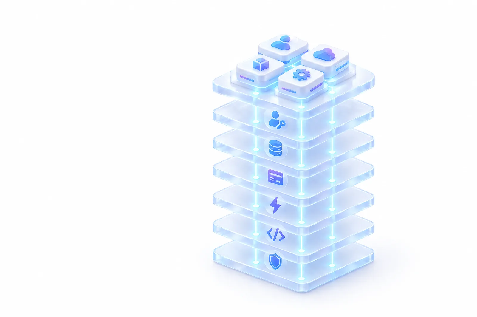 Six glass layers stacked under four products