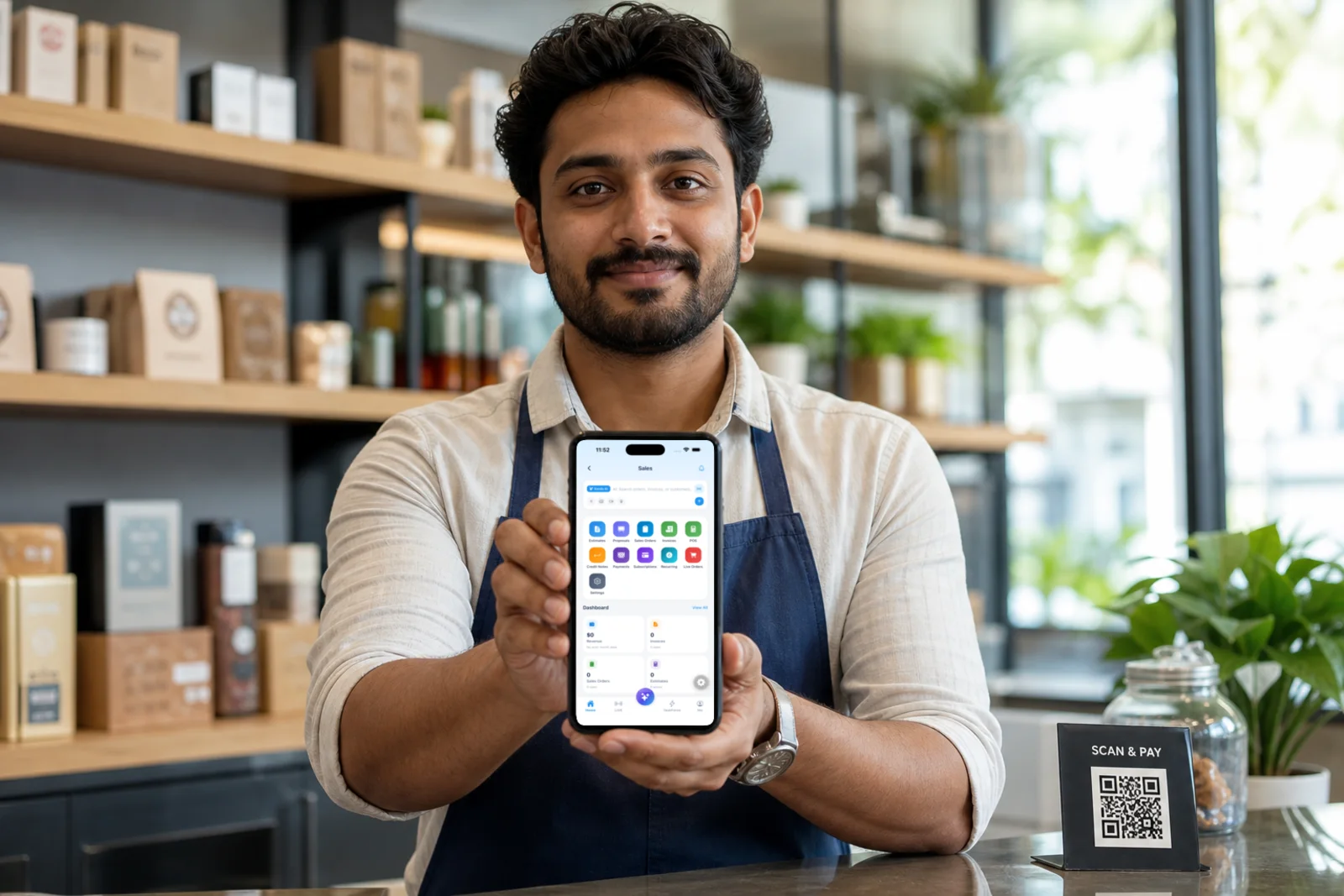 A shop owner holding the Kardopal app