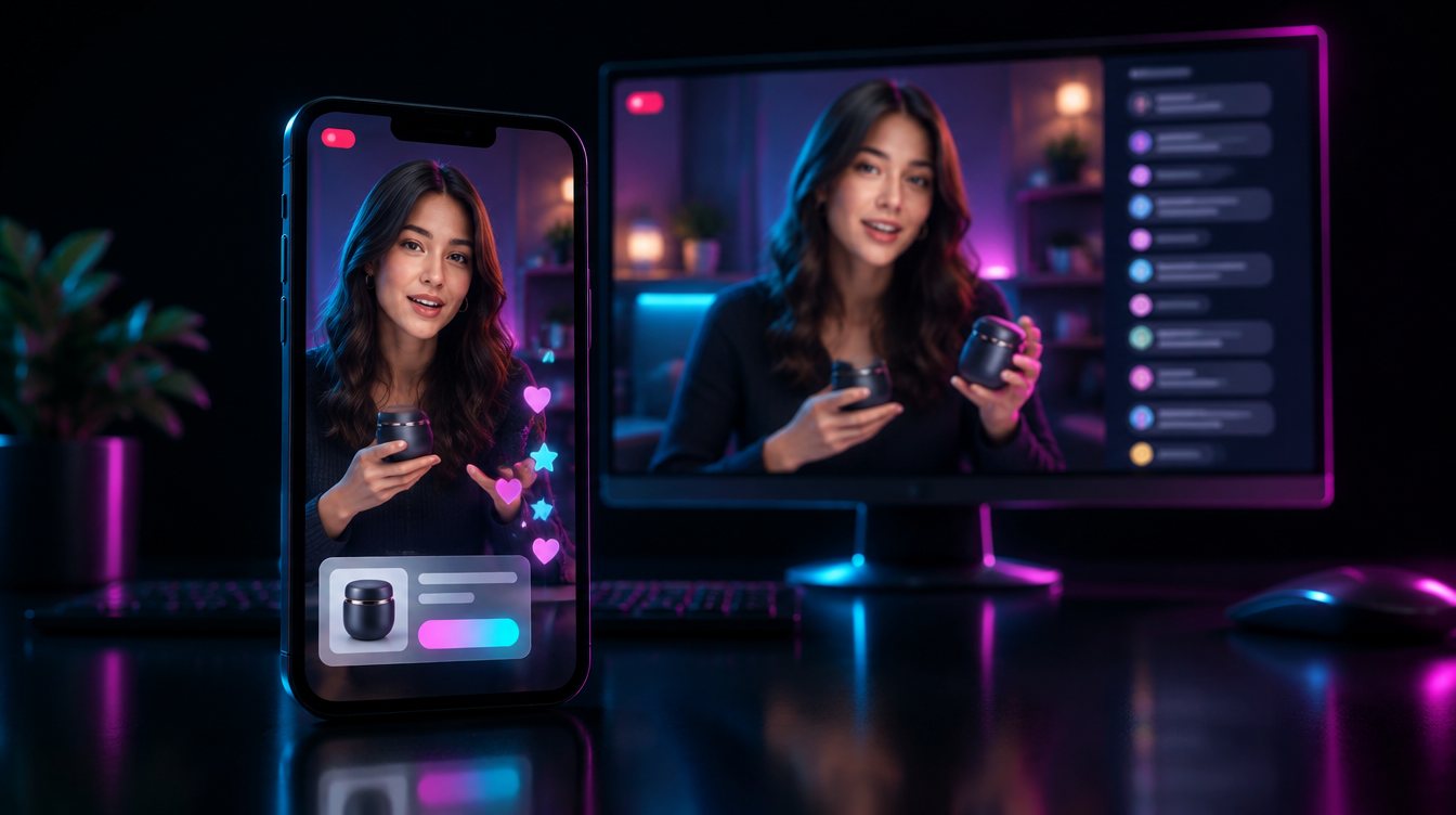 The same live stream on a phone and on a desktop, with chat and a product card