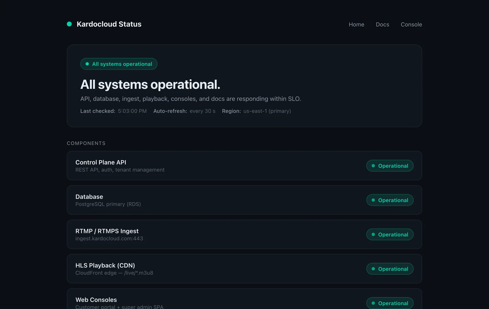 The Kardocloud status page showing every component operational